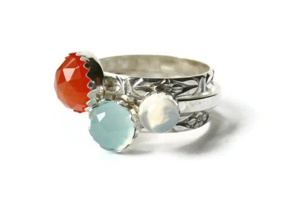 Ruby Gemstone Rings with Diamond AccentsStacking gemstone ring set sterling silver rings faceted orange carnelian, ocean blue chalcedony, moonstone rings