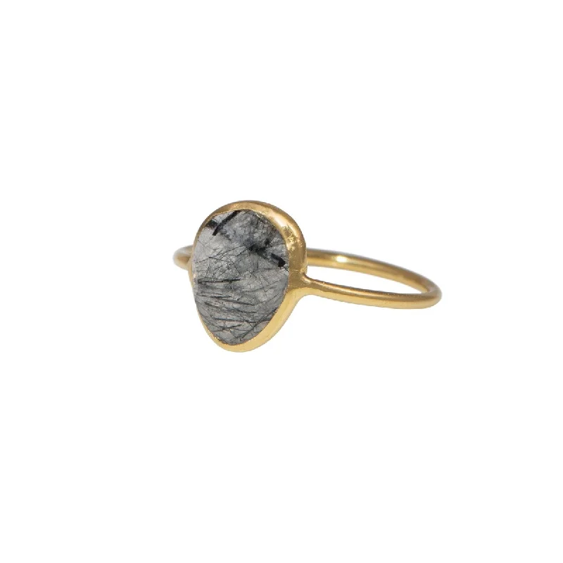 Amethyst Gemstone Rings in a Vintage - Style SettingBlack Rutilated Quartz Organic Elliptical Shaped Gemstone Fine Band Ring in Gold Plated Sterling Silver