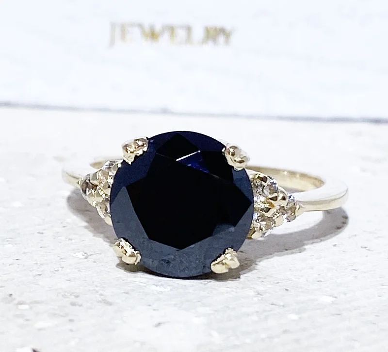 Sapphire Gemstone Rings in a Cathedral SettingBlack Onyx Ring - December Birthstone - Statement Engagement Ring with Round Black Onyx Middle Gemstone and Clear Quartz Accents