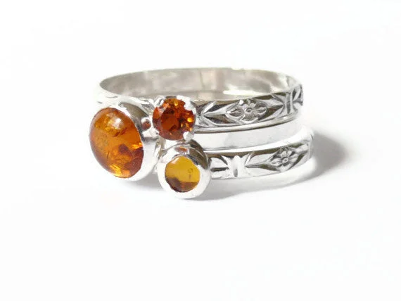 Ruby Gemstone Rings with Diamond AccentsSilver amber rings honey gold Stacking gemstone rings set sterling silver rings amber and citrine rings