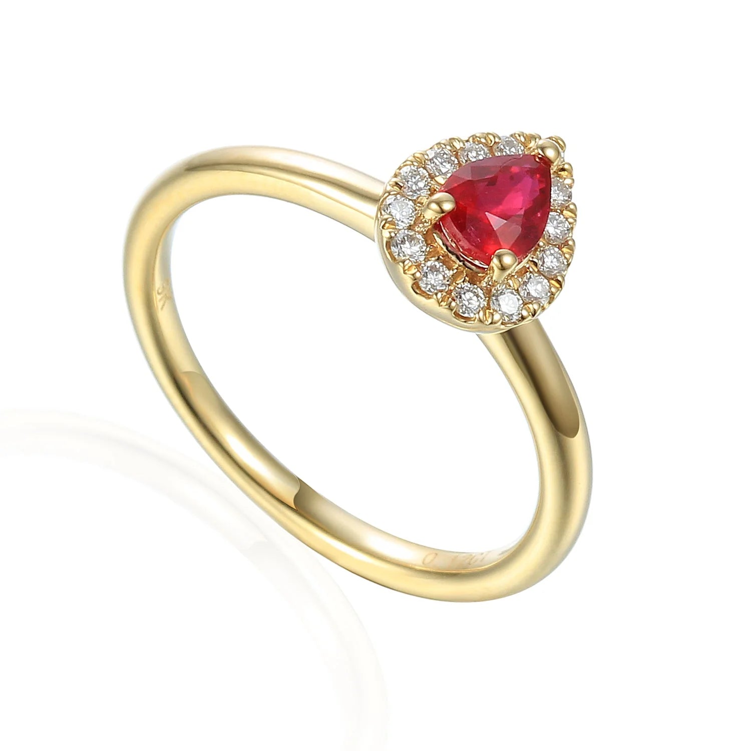 Vintage - Inspired Diamond Rings with Filigree Work18ct Yellow Gold 0.48ct Pear Cut Ruby Ring With 0.12ct Diamond Halo