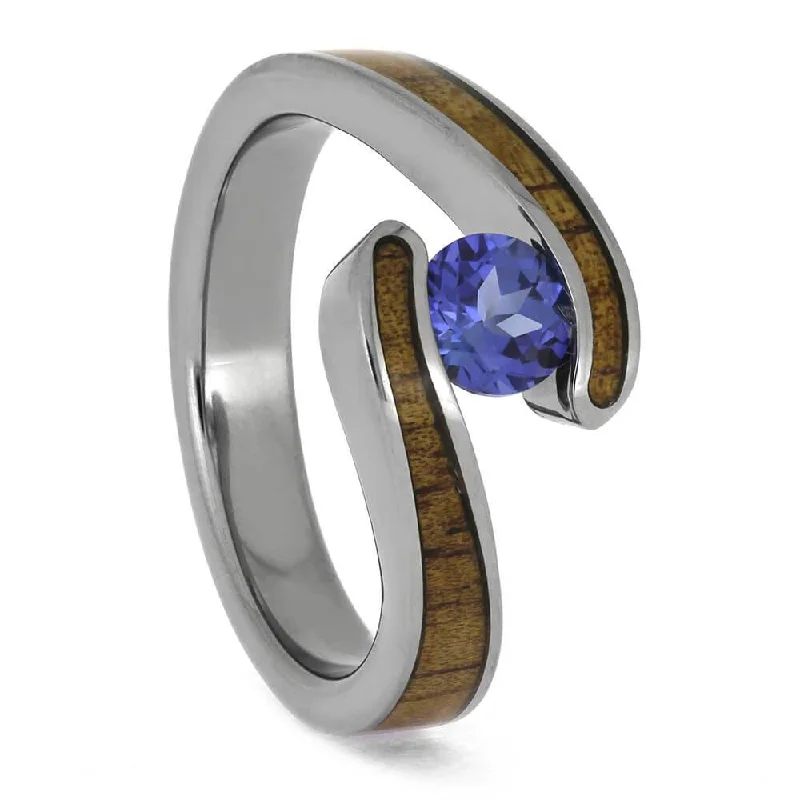 Brilliant Blue Sapphire Set in Titanium with Wood Accents