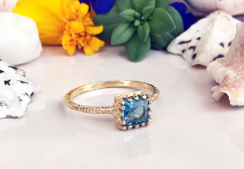 Ruby Gemstone Rings with Diamond AccentsBlue Topaz Ring - December Birthstone - Blue Topaz Gemstone Square Crown Simple Hammered Ring