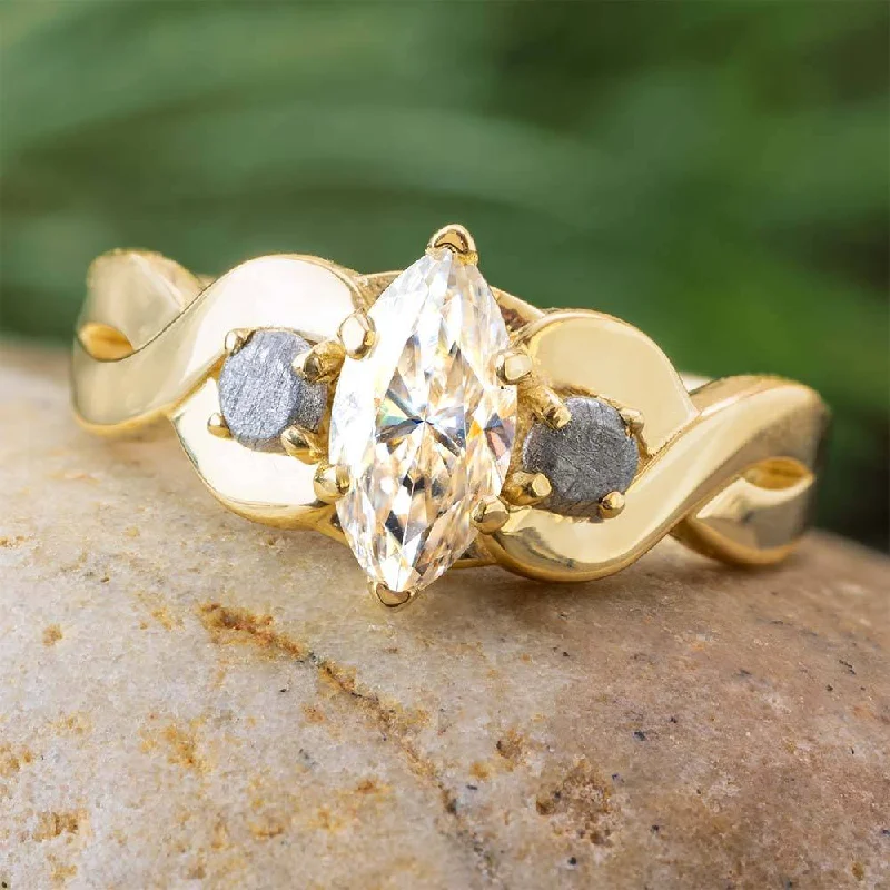 Marquise Cut Engagement Ring with Twist Shank and Meteorite Stones