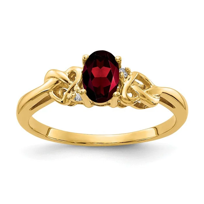 Ruby Gemstone Rings with Diamond Accents14k Yellow Gold 6x4mm Oval Garnet AA Diamond Heart Knot Side Ring