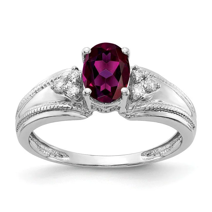 Amethyst Gemstone Rings in a Vintage - Style Setting14k White Gold 7x5mm Oval Rhodolite Garnet and Diamond Ring