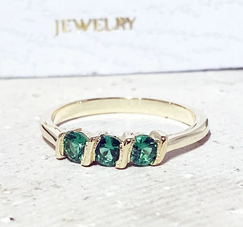 Emerald Gemstone Rings with Filigree - Bordered SettingsEmerald Ring - May Birthstone - Stacking Ring with Three Round Emerald Gemstones