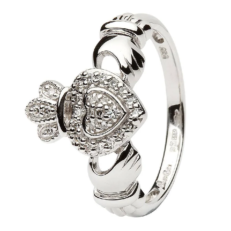 Ladies 14K White Gold Claddagh Ring Encrusted With Diamonds - SL-14L83W