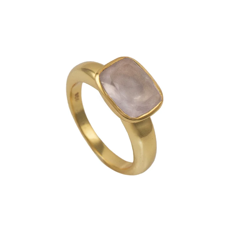 Amethyst Gemstone Rings in a Vintage - Style SettingFaceted Rectangular Cut Natural Gemstone Gold Plated Sterling Silver Ring - Rose Quartz