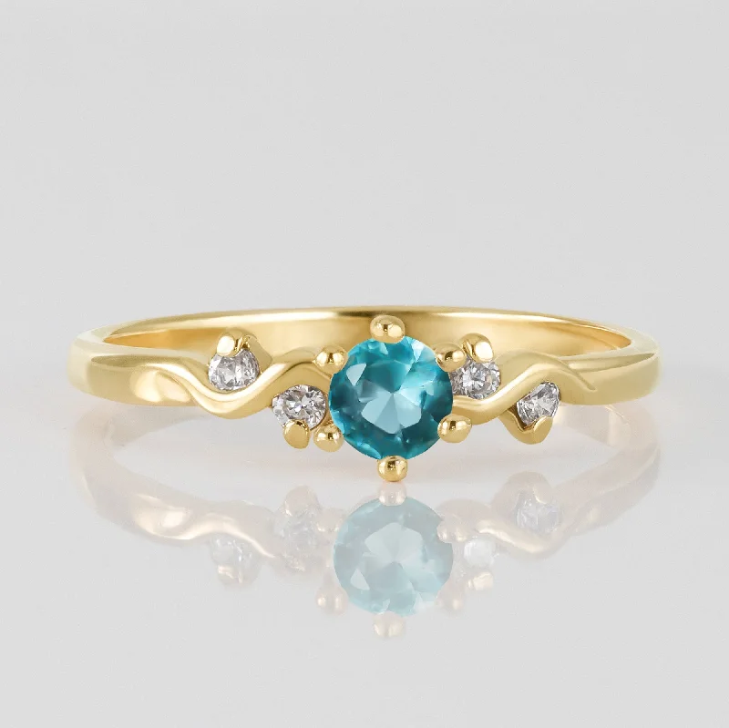 Sapphire Gemstone Rings in a Cathedral SettingBlue Topaz Ring - December Birthstone - Round Blue Topaz Gemstone Delicate Ring with Clear Quartz Accents