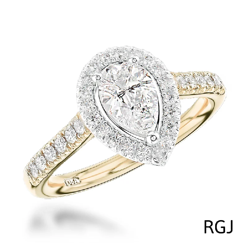 Vintage - Inspired Diamond Rings with Filigree WorkThe Skye 18ct Yellow Gold And Platinum Pear Cut Diamond Engagement Ring With Diamond Halo And Diamond Set Shoulders