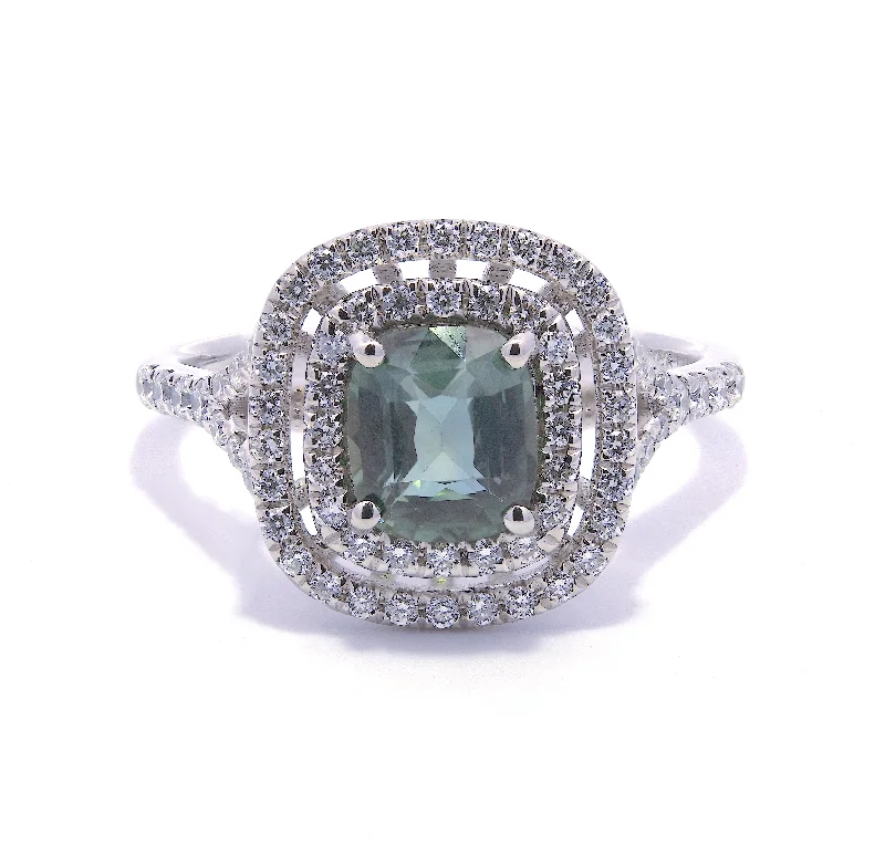 Three - Stone Diamond Rings with Princess - Cut DiamondsPlatinum 1.13ct Cushion Cut Teal Sapphire Ring With 0.41ct Double Diamond Halo And Diamond Set Split Shoulders