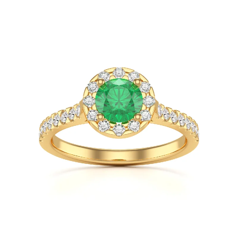 Emerald Gemstone Rings with Filigree - Bordered SettingsEmerald Engagement Ring- Round Halo Scallop Shoulder Set