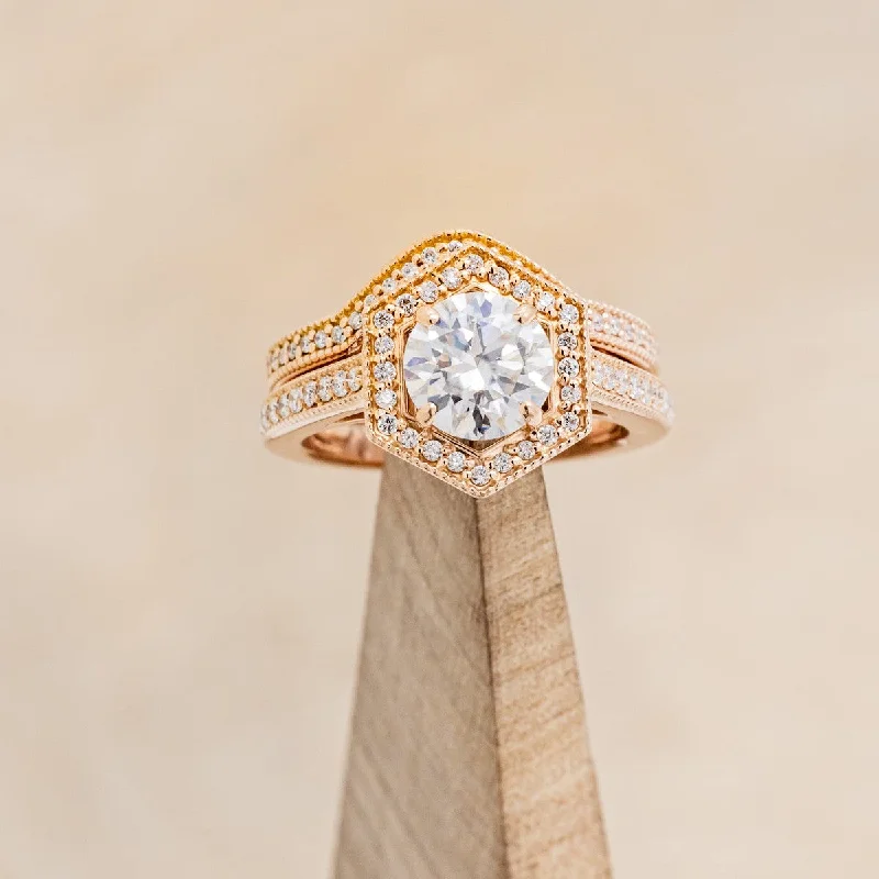 "ODESSA" - ROUND CUT MOISSANITE ENGAGEMENT RING WITH DIAMOND ACCENTS & TRACER