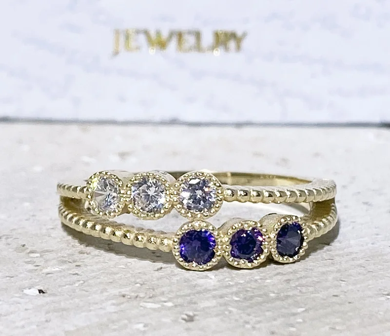 Amethyst Gemstone Rings in a Vintage - Style SettingTwo Birthstone Ring - Amethyst Ring - Clear Quartz Ring - Gemstone Ring - Stacking Ring