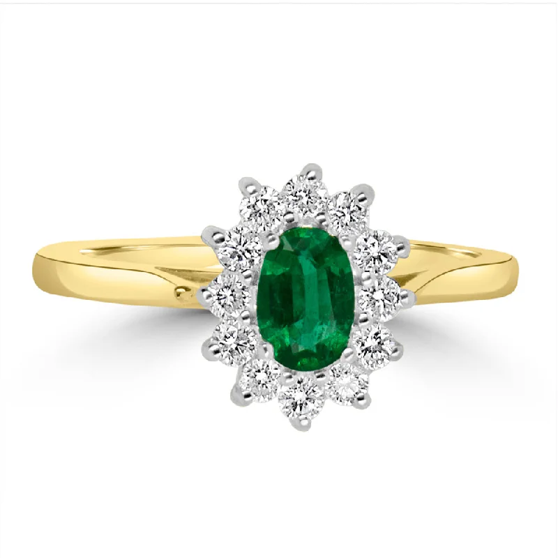 Halo - Style Diamond Rings with Smaller Accent Diamonds18ct Yellow And White Gold 0.32ct Oval Cut Emerald And 0.29ct Round Brilliant Cut Diamond Cluster Ring