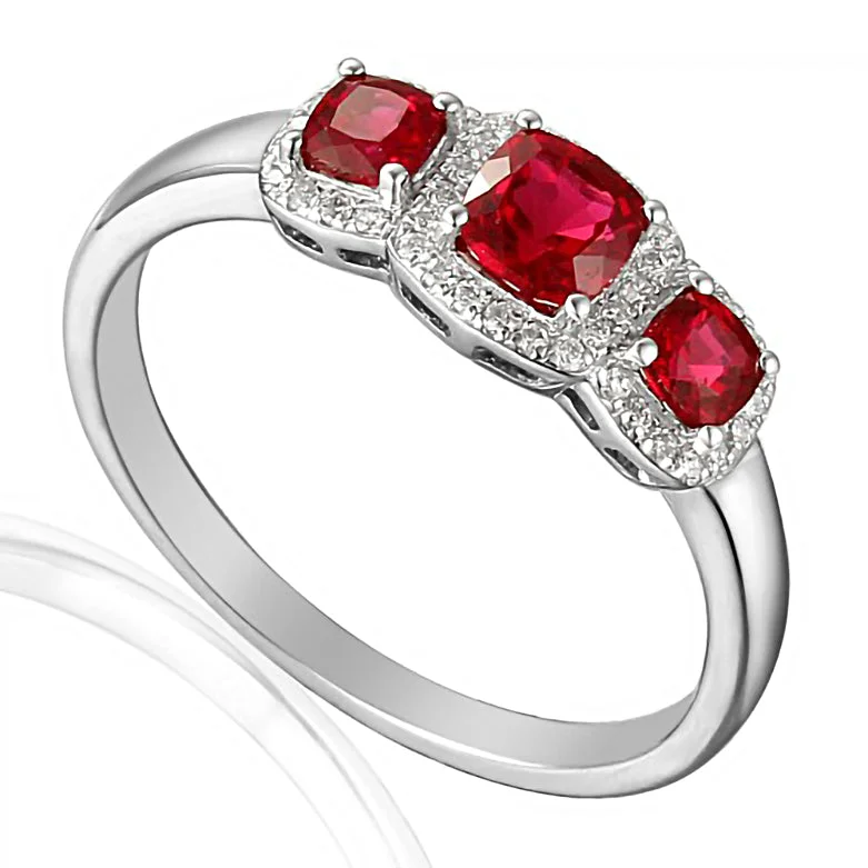 Solitaire Diamond Rings in Platinum Settings18ct White Gold 0.65ct Cushion Cut Ruby Three Stone Ring With 0.11ct Diamond Halo