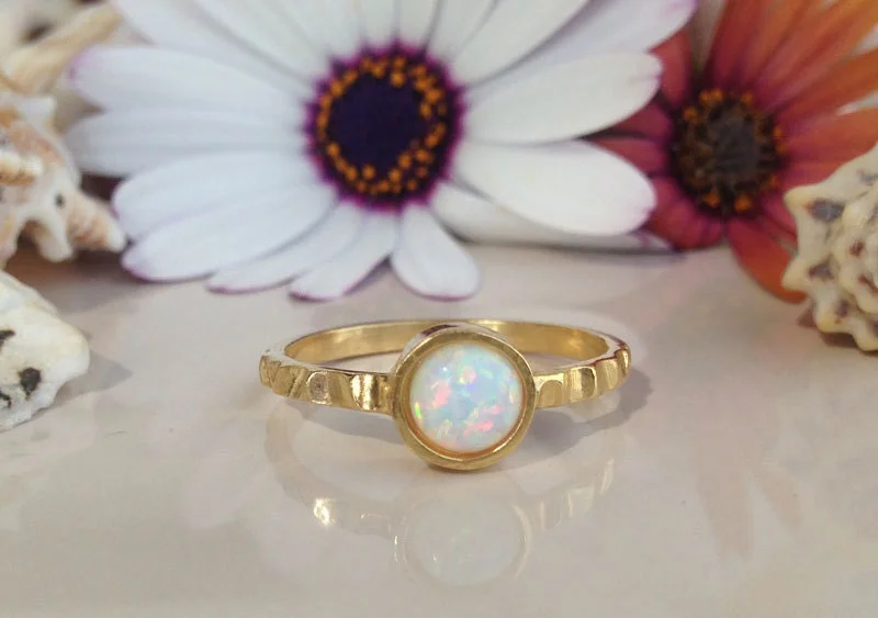 Ruby Gemstone Rings with Diamond AccentsWhite Opal Ring - Round White Opal Gemstone Simple Hammered Ring