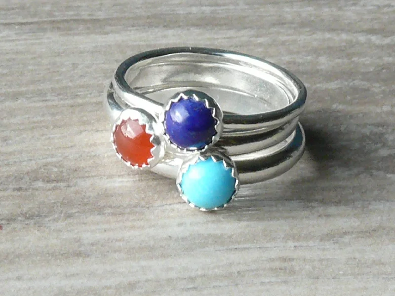 Multi - Gemstone Rings with a Rainbow of ColorsSterling silver ring turquoise, lapis lazuli, carnelian • Silver stacking rings with stone • Gemstone stacking rings set