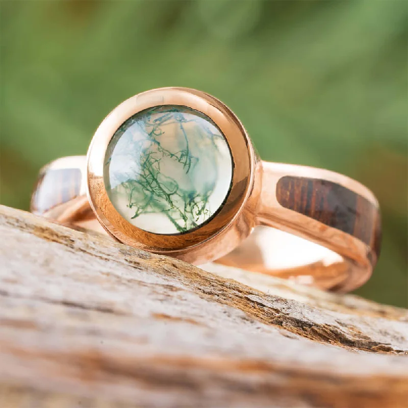 Moss Agate Ring in Rose Gold with Ironwood