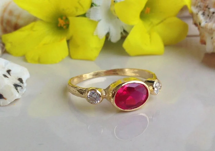 Amethyst Gemstone Rings in a Vintage - Style SettingTriple Gemstones Ring - Ruby Ring - July Birthstone - Gold Ring - Bezel Ring - Gemstone Ring - Fuchsia Ring