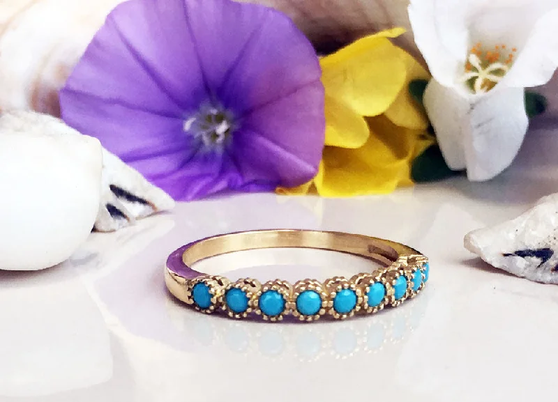 Ruby Gemstone Rings with Diamond AccentsTurquoise Ring - December Birthstone - Gold Ring - Half Eternity Ring - Turquoise Jewelry