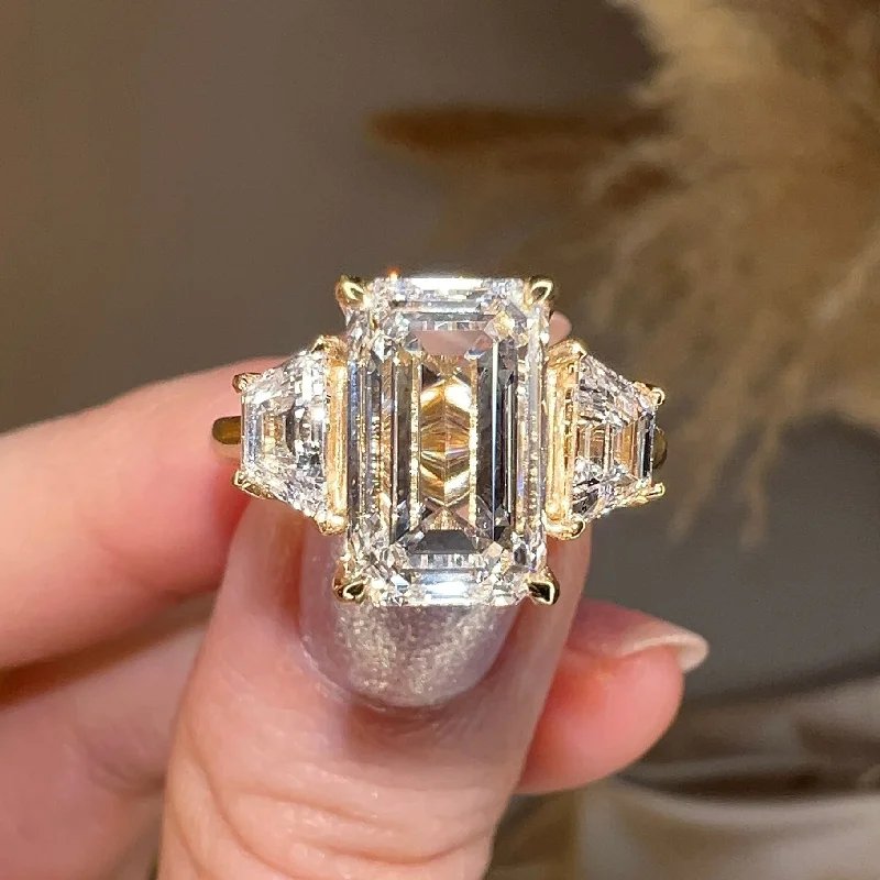 "Celia" Trilogy Three Stone 5 Carat Emerald Cut Diamond Tapered Baguette Shoulder Engagement Ring