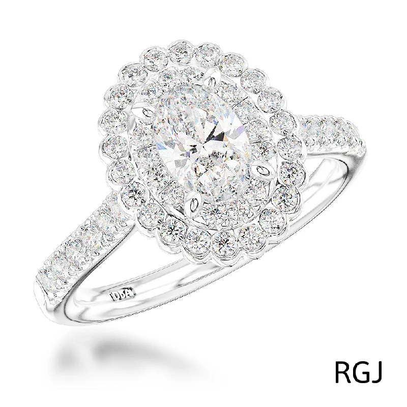 Halo - Style Diamond Rings with Smaller Accent DiamondsThe Faroe Duo Platinum Oval Cut Diamond Engagement Ring With Double Diamond Halo And Diamond Set Shoulders