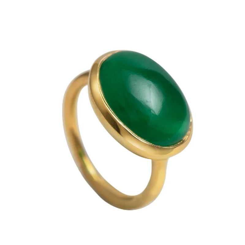 Emerald Gemstone Rings with Filigree - Bordered SettingsCabochon Oval Cut Natural Gemstone Gold Plated Sterling Silver Ring - Green Onyx