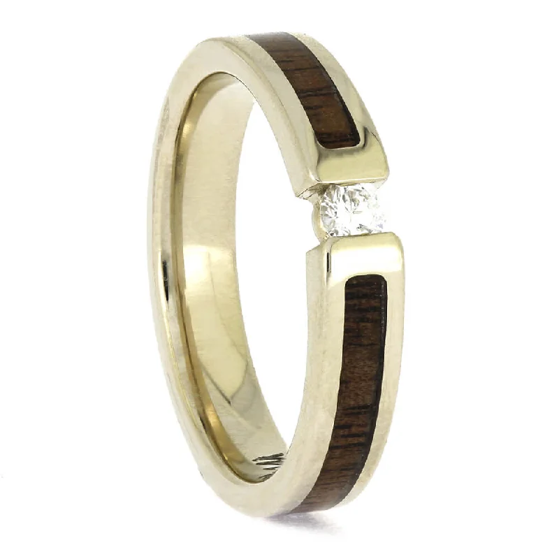 Walnut Wood and Gold Ring with Diamond Focal Point