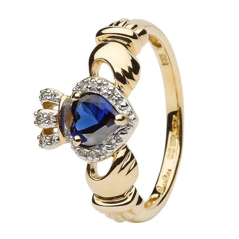 Ladies 14K Yellow Gold Claddagh Ring with Sapphire and Diamonds - SL-14L82S