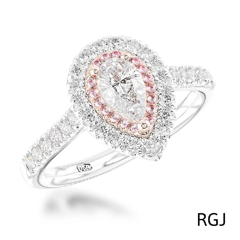 Vintage - Inspired Diamond Rings with Filigree WorkThe Skye Duo Platinum And 18ct Rose Gold Pear Cut Diamond Engagement Ring With Pink And White Diamond Halo And Diamond Set Shoulders