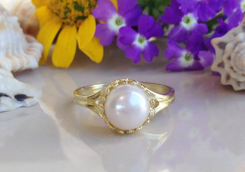 Multi - Gemstone Rings with a Rainbow of ColorsWhite Pearl Ring - Natural Pearl - White Pearl Round Crown Ring