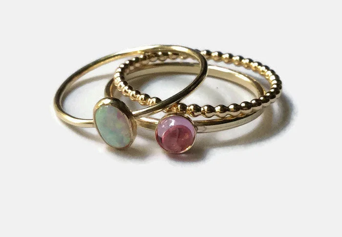 Multi - Gemstone Rings with a Rainbow of ColorsOpal and Pink Sapphire Gold Ring Set