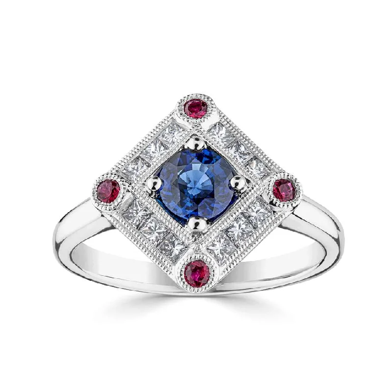 Vintage - Inspired Diamond Rings with Filigree WorkPlatinum 0.62ct Blue Sapphire, 0.12ct Ruby And 0.34ct Diamond Vintage Inspired Ring