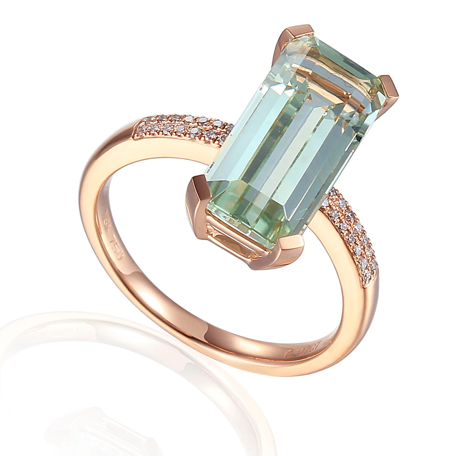 Solitaire Diamond Rings in Platinum Settings18ct Rose Gold 3.69ct Octagon cut Green Amethyst Ring With 0.07ct Diamond Set Shoulders