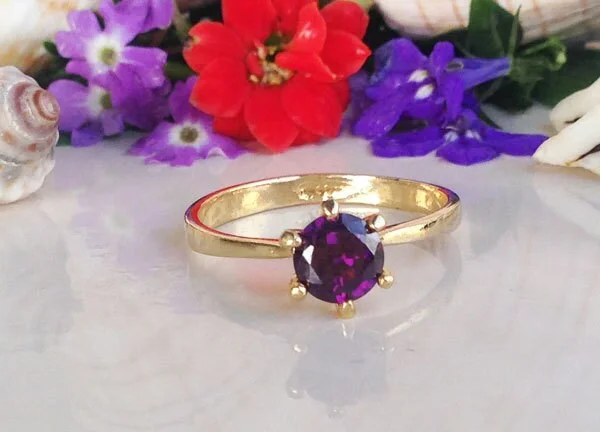 Ruby Gemstone Rings with Diamond AccentsAmethyst Ring - February Birthstone - Solitaire Ring with Round Purple Amethyst Gemstone