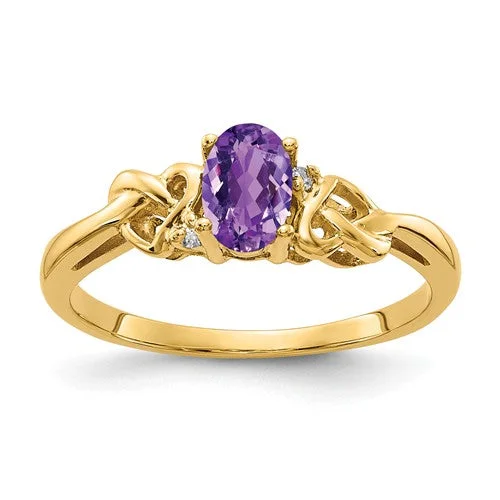 Ruby Gemstone Rings with Diamond Accents14k Yellow Gold 6x4mm Oval Amethyst and AA Diamond Heart Knot Side Ring