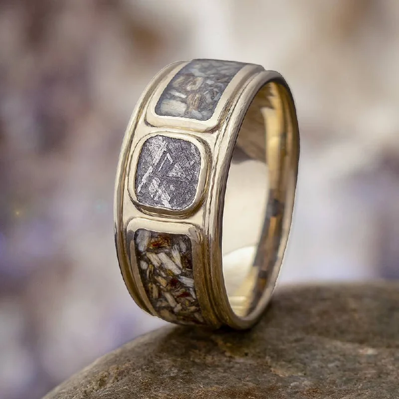 Meteorite Engagement Ring with Dinosaur Bone and Wide Design