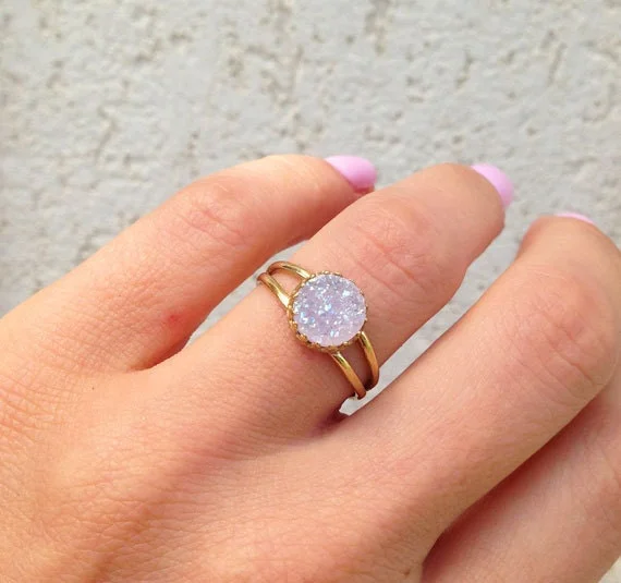 Ruby Gemstone Rings with Diamond AccentsWhite Agate Druzy Ring - White Druzy Gemstone Simple Double Band Round Crown Ring