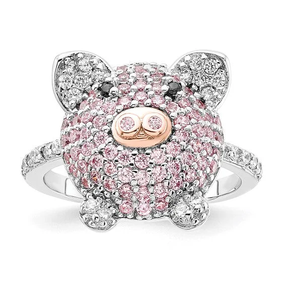 Emerald Gemstone Rings with Filigree - Bordered SettingsSterling Silver Pink CZ Pig Ring