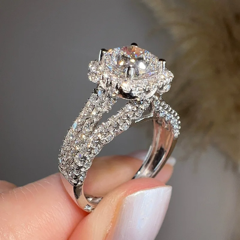 "Samara" Halo 1.25 Carat Cushion Cut Three Row Diamond Shoulder Platinum Engagement Ring