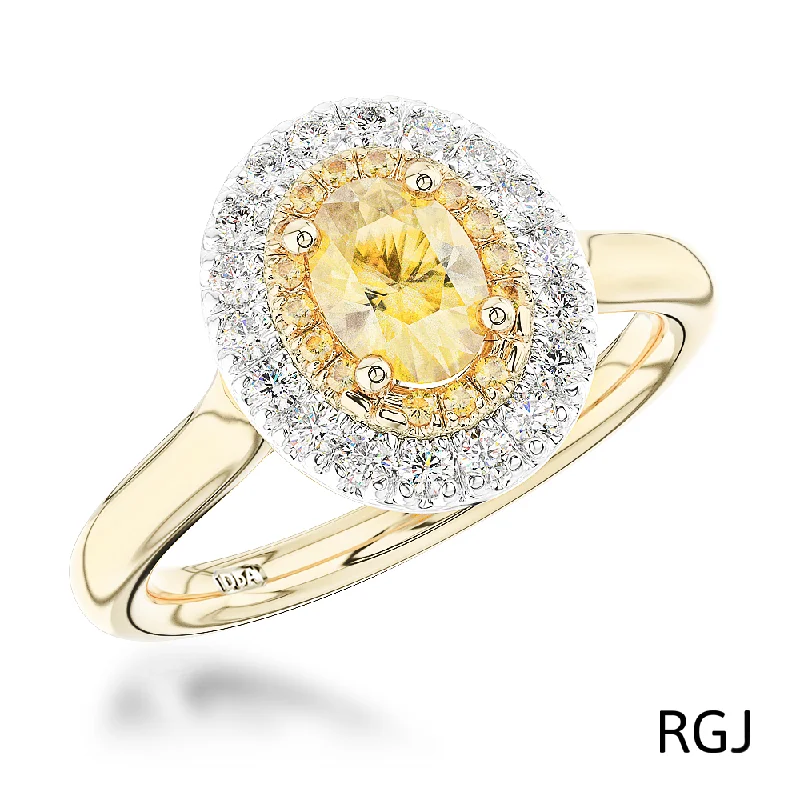 Vintage - Inspired Diamond Rings with Filigree WorkThe Skye Duo 18ct Yellow Gold And Platinum 0.46ct Oval Cut Yellow Diamond Engagement Ring With 0.20ct Double Diamond Halo