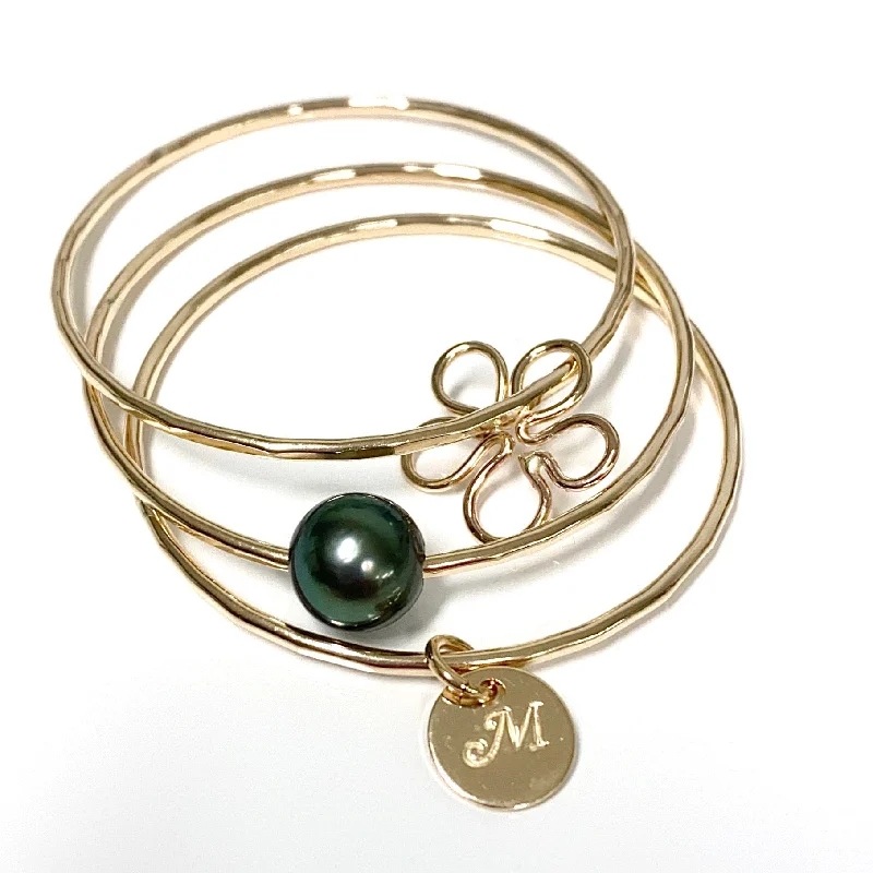 Bangle Bracelets with Birthstone AccentsPUA bangles set - baby plumeria & tahitian pearl (B419)