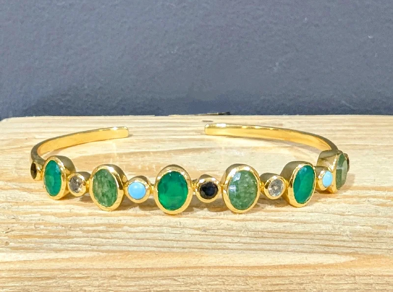 Solid Gold Bangles with Intricate Engravings18ct Gold Vermeil and Mixed Green Gemstone Cuff Bangle