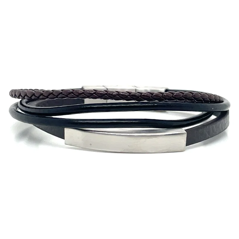 Adjustable Leather Bangles for a Bohemian StyleGents Brown And Black Leather Multi Strand ID Bracelet