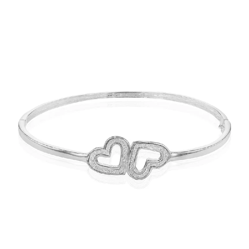 Bangle Bracelets with Birthstone AccentsSterling Silver Stardust Double Heart Hinged Bangle