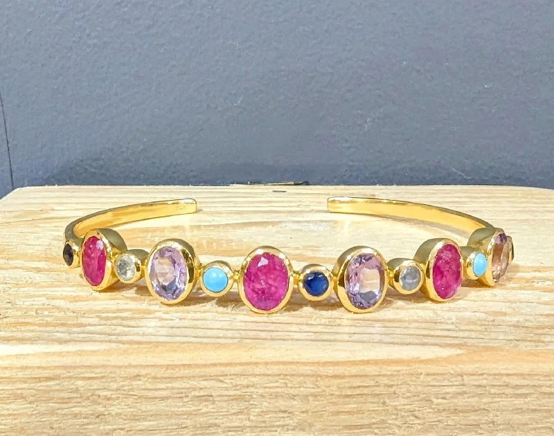 Adjustable Leather Bangles for a Bohemian Style18ct Gold Vermeil Mixed Pink Gemstone Cuff Bangle