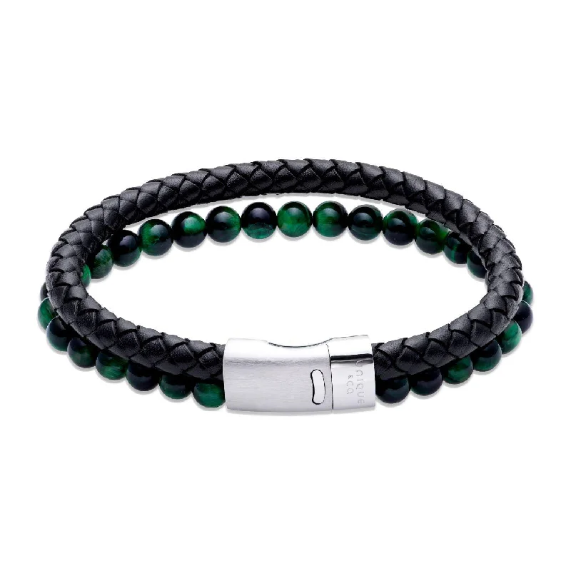 Enamel - Coated Bangles in Vibrant ColorsUnique & Co Black Leather Bracelet with Green Tiger's Eye