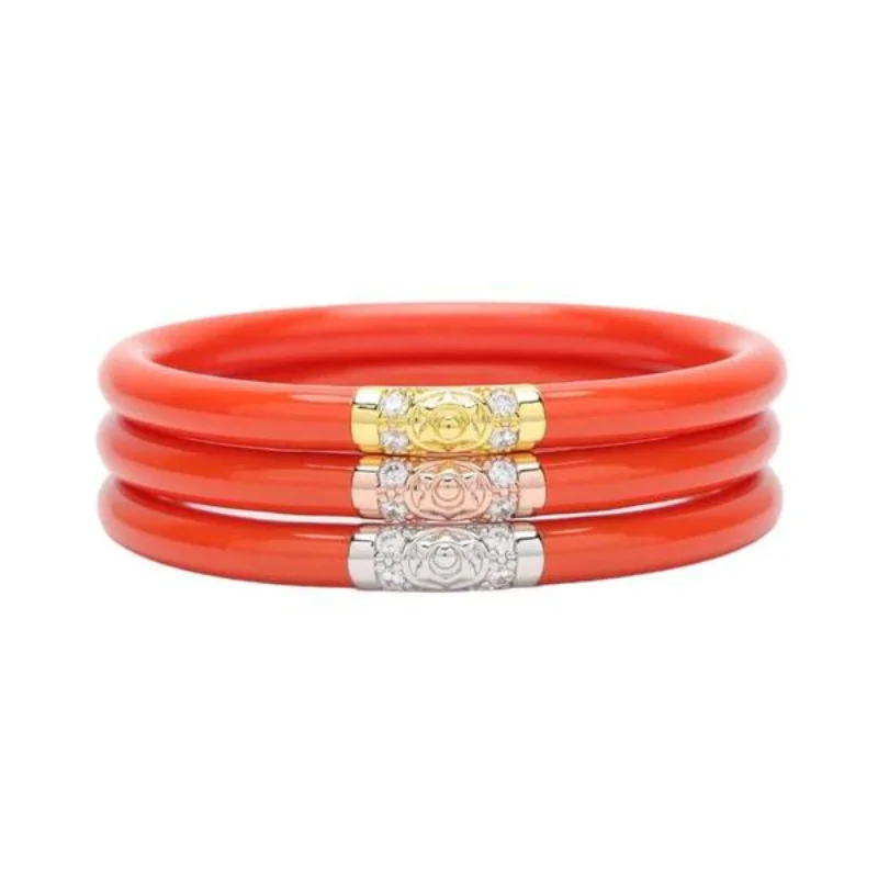 Solid Gold Bangles with Intricate EngravingsBuDhaGirl | Set of Three | Three Kings All Weather Bangles in Coral